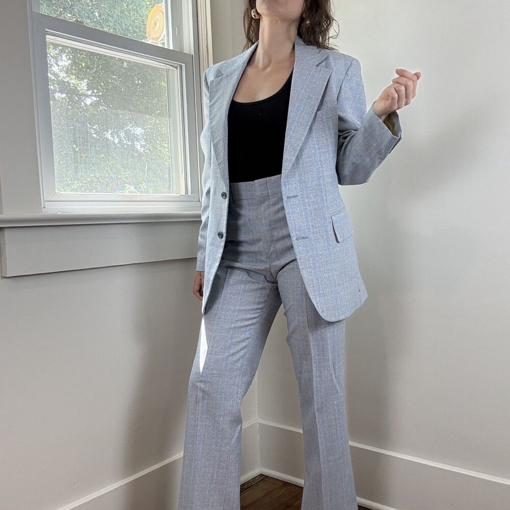 Vintage 80s Baby Blue Glen Plaid Blazer Trouser Suit Set, Mens Womens